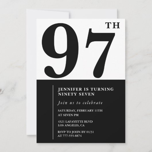 Invitation Chic Black White pour son 97e anniversaire (Devant)