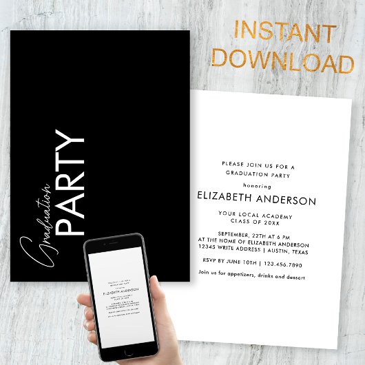 Invitation Chic Black & White Typography Graduation Party