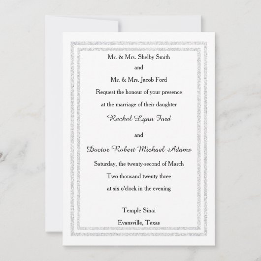 Invitation Chic blanc Argent brillé Trim -Inviation Mariage (Devant)