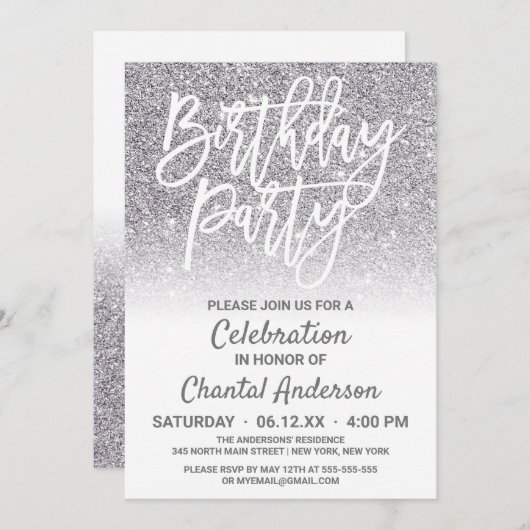Invitation Chic blanc argent Faux Parties scintillant Ombre A (Devant / Derrière)