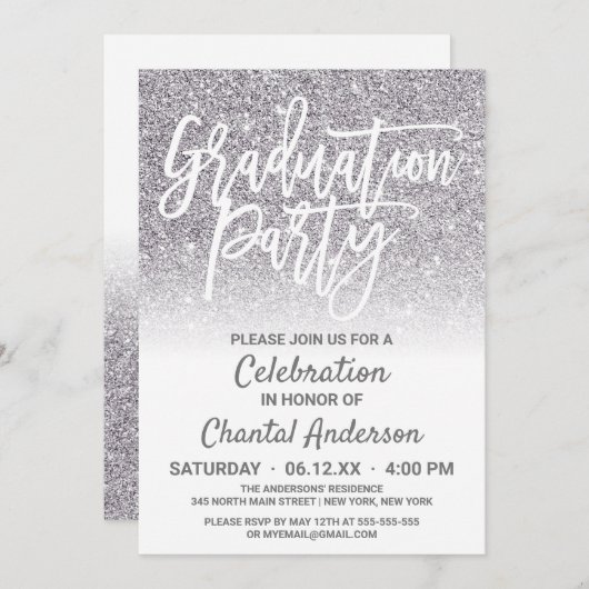 Invitation Chic Blanc Argent Faux Parties scintillant Ombre G (Devant / Derrière)