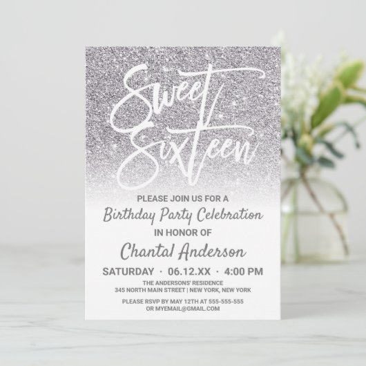 Invitation Chic blanc argent Faux Parties scintillant Ombre S (Debout devant)