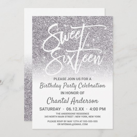 Invitation Chic blanc argent Faux Parties scintillant Ombre S (Devant / Derrière)