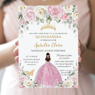 Invitation Chic blanc bébé rose roses Floral or Quinceañera
