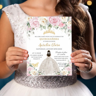 Invitation Chic Blanc Bébé Roses Rose Floral Fille Quinceañer