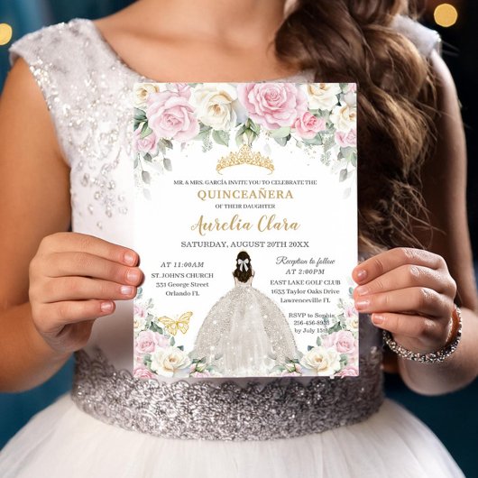 Invitation Chic Blanc Bébé Roses Rose Floral Fille Quinceañer