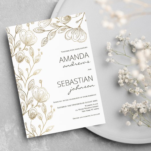 Invitation Chic blanc élégant dentelle or mariage