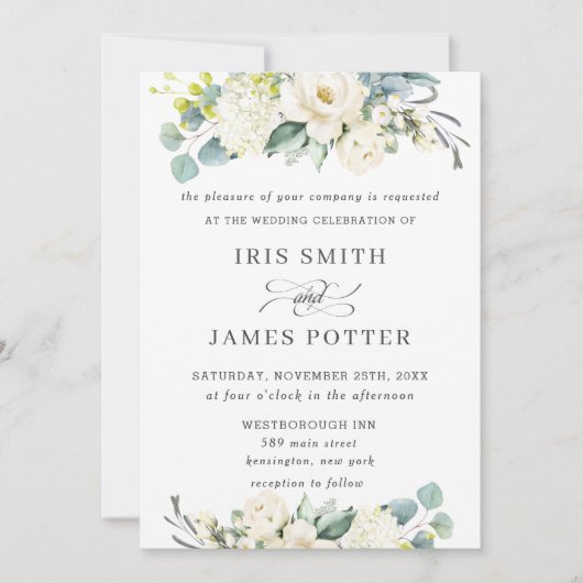 Invitation Chic blanc ivoire vert Mariage (Devant)