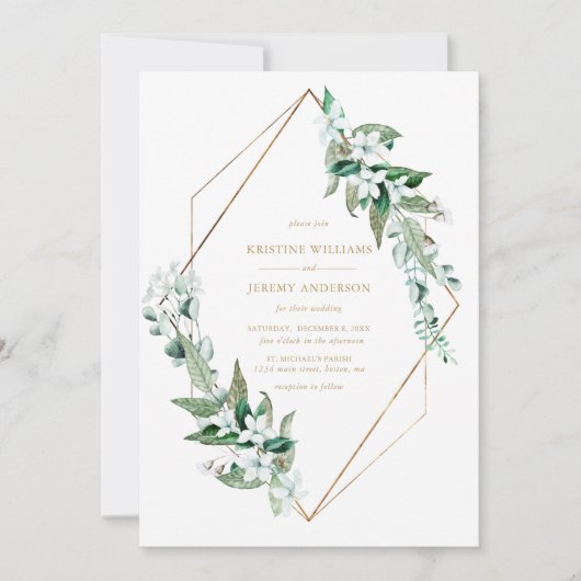 Invitation Chic blanc Magnolia Floral Greenery Mariage or (Devant)