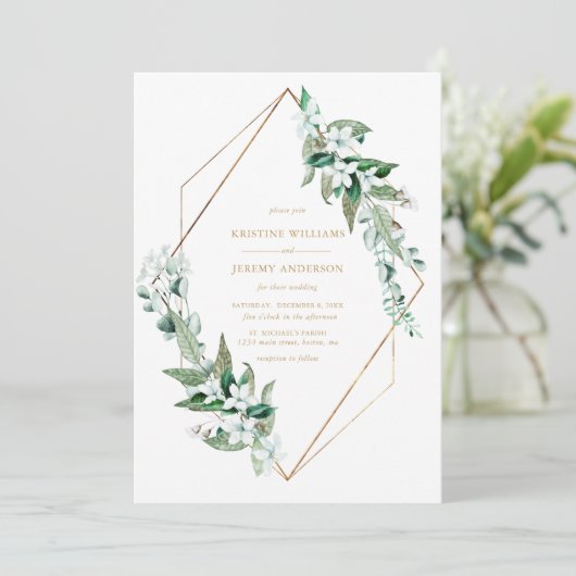 Invitation Chic blanc Magnolia Floral Greenery Mariage or (Debout devant)