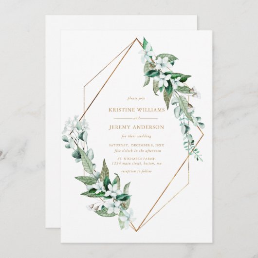 Invitation Chic blanc Magnolia Floral Greenery Mariage or (Devant / Derrière)