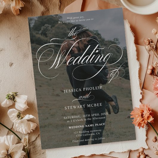 Invitation Chic blanc noir 2 photos calligraphie mariage