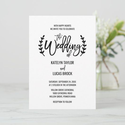 Invitation Chic Blanc Noir Branches Mariage (Debout devant)
