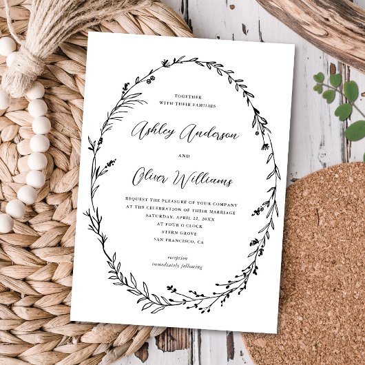 Invitation Chic blanc noir rustique Fleur sauvage Mariage de 
