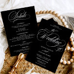 Invitation Chic blanc noir tout en un mariage de calligraphie<br><div class="desc">Chic et élégant blanc sur noir tout en un faire-part de mariage de calligraphie avec rsvp,  hébergement,  détails,  et plus d'infos. Avec un magnifique script de calligraphie de brosse.</div>