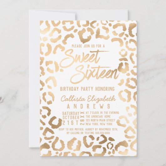 Invitation Chic Blanc Or Cheetah Leopard Sweet 16 (Devant)
