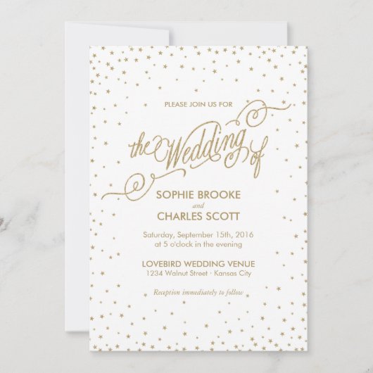 Invitation Chic blanc & or Confetti Stars Script Mariage (Devant)