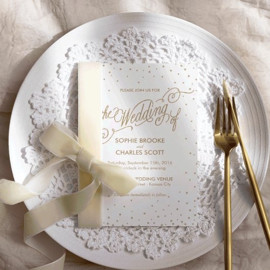 Invitation Chic blanc & or Confetti Stars Script Mariage