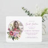 Invitation Chic Blanc Violet Floral à thème photo Sweet 16 (Debout devant)