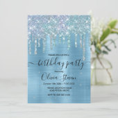 Invitation Chic bleu aqua goutte parties scintillant monogram (Debout devant)