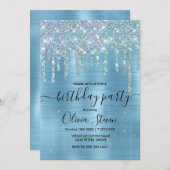 Invitation Chic bleu aqua goutte parties scintillant monogram (Devant / Derrière)