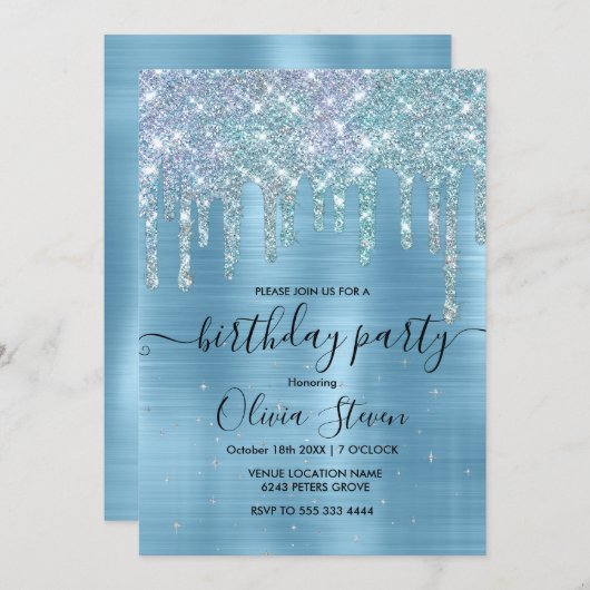 Invitation Chic bleu aqua goutte parties scintillant monogram (Devant / Derrière)