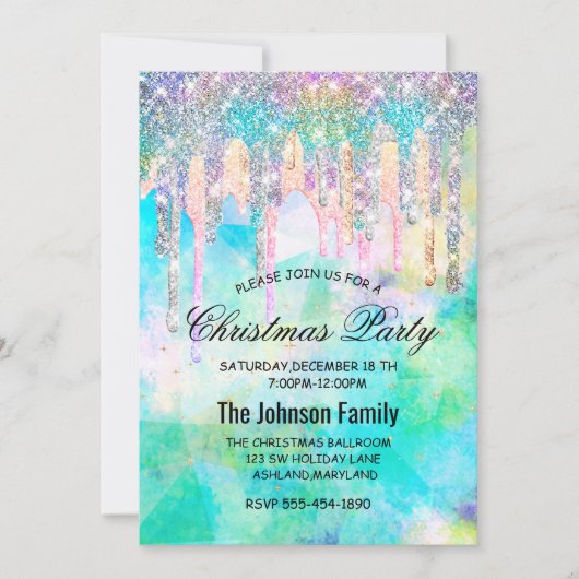 Invitation Chic bleu aqua licorne gouttes parties scintillant (Devant)