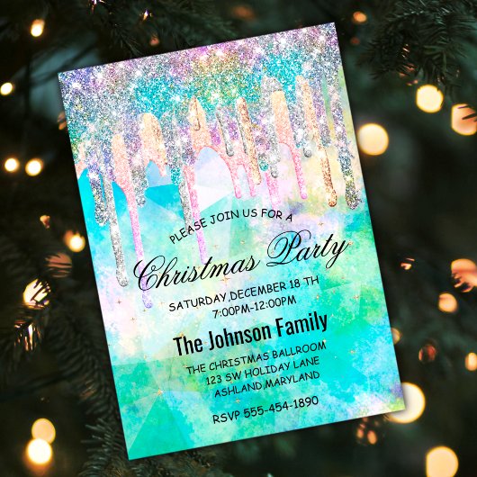 Invitation Chic bleu aqua licorne gouttes parties scintillant