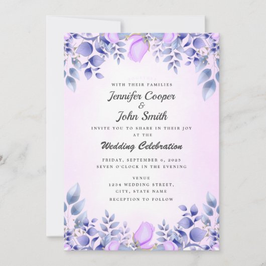 Invitation Chic bleu aquarelle rose Roses Mariage (Devant)