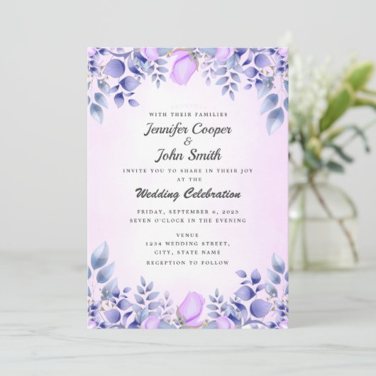 Invitation Chic bleu aquarelle rose Roses Mariage (Debout devant)