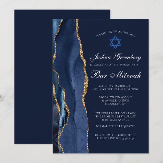Invitation Chic Bleu Bleu Or Agate Bar Mitzvah Party (Devant / Derrière)