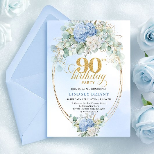 Invitation chic bleu clair florale or pour 90e ann