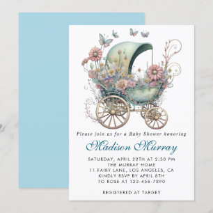 Invitation Chic bleu et rose floral Buggy poussette Baby Show