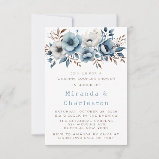 Invitation Chic Bleu Fleur Mariage Couples Douche Couples (Devant)