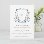 Invitation Chic Bleu Fleur sauvage Aquarelle Crest Graduation (Debout devant)