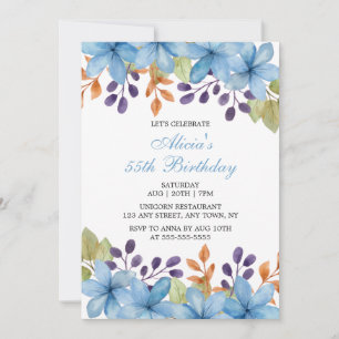 Invitation Chic Bleu Flore Aquarelle N'Importe Quel Âge Anniv