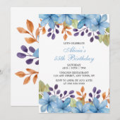 Invitation Chic Bleu Flore Aquarelle N'Importe Quel Âge Anniv (Devant / Derrière)