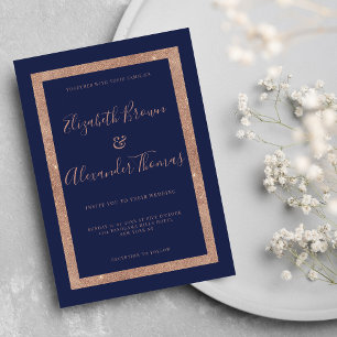 Invitation Chic bleu marine rose or cadre calligraphie mariag