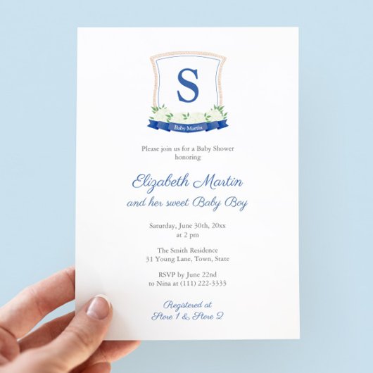 Invitation Chic Bleu Nautique Monogramme Baby shower garçon