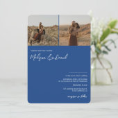 Invitation Chic bleu nom de script 3 photos qr code mariage (Debout devant)