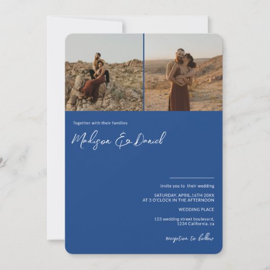 Invitation Chic bleu nom de script 3 photos qr code mariage (Devant)