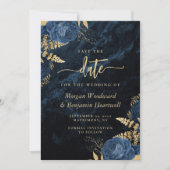 Invitation Chic Bleu Nuit Or Fleurs Mariage Épargnez la Date (Devant)