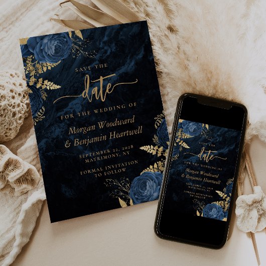 Invitation Chic Bleu Nuit Or Fleurs Mariage Épargnez la Date