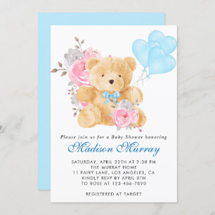 Invitation Chic bleu rose gris floral Baby shower Ours en Ted