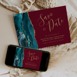 Invitation Chic Bleu Sarcelle Or Agate Bordeaux Save the Date