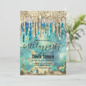 Invitation Chic bleu turquoise or parties scintillant gouttes (Debout devant)