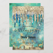 Invitation Chic bleu turquoise or parties scintillant gouttes (Devant / Derrière)