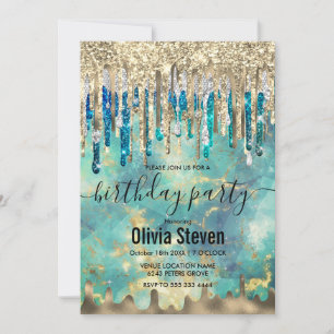 Invitation Chic bleu turquoise or parties scintillant gouttes