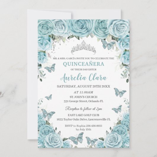 Invitation Chic bleu turquoise papillons floraux Quinceañera (Devant)