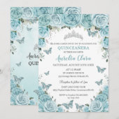 Invitation Chic bleu turquoise papillons floraux Quinceañera (Devant / Derrière)